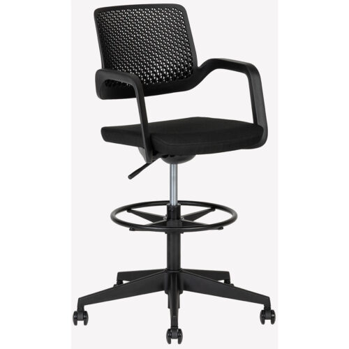 Silla de oficina alta EqoVer negra con respaldo perforado y aro reposapiés