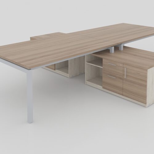 MODULO DOBLE T CUBIERTAS CAL. 28MM CON CREDENZA SOPORTE DE 2 CAJONES, 1 PUERTA Y LIBRERO ABIERTO, PATA METALICA TIPO U, DE 360X2.80X0.75