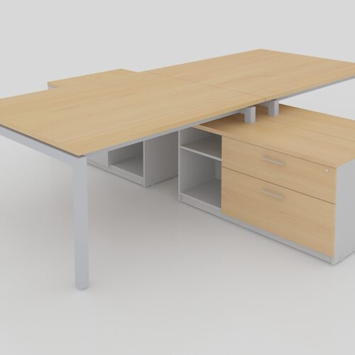 MODULO DOBLE T CUBIERTAS CAL. 28MM CON CREDENZA SOPORTE DE 2 CAJONES 1 PAPELERO, 1 DE ARCHIVO Y LIBRERO ABIERTO, PATA METALICA TIPO U, DE 300X2.80X0.75