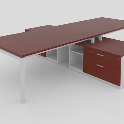 MODULO DOBLE T CUBIERTAS CAL. 28MM CON CREDENZA SOPORTE DE 2 CAJONES 1 PAPELERO, 1 DE ARCHIVO Y LIBRERO ABIERTO, PATA METALICA TIPO U, DE 360X2.80X0.75