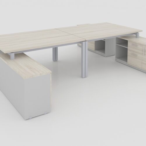 MODULO H CUBIERTAS CAL. 28MM CON CREDENZA SOPORTE DE 2 CAJONES, 1 PUERTA Y LIBRERO ABIERTO, PATA METALICA TIPO U, DE 300X2.80X0.75