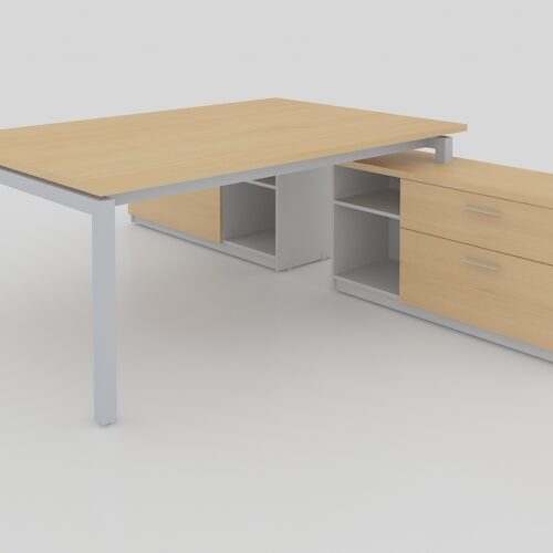 MODULO T CUBIERTAS CAL. 28MM CON CREDENZA SOPORTE DE 2 CAJONES 1 PAPELERO, 1 DE ARCHIVO Y LIBRERO ABIERTO, PATA METALICA TIPO U, DE 1.80X2.80X0.75