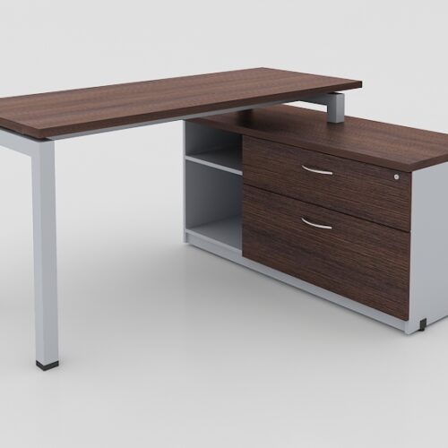 MODULO L CUBIERTA CAL. 28MM CON CREDENZAS SOPORTE DE 2 CAJONES 1 PAPELERO, 1 DE ARCHIVO Y LIBRERO ABIERTO, PATA METALICA TIPO U, DE 1.50X1.20X0.75 DERECHO