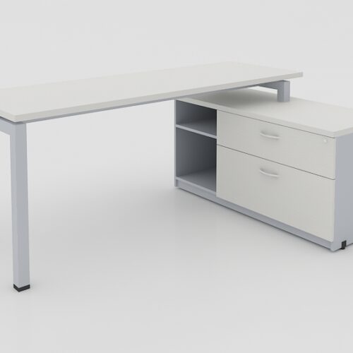 MODULO L CUBIERTA CAL. 28MM CON CREDENZAS SOPORTE DE 2 CAJONES 1 PAPELERO, 1 DE ARCHIVO Y LIBRERO ABIERTO, PATA METALICA TIPO U, DE 1.80X1.20X0.75 DERECHO