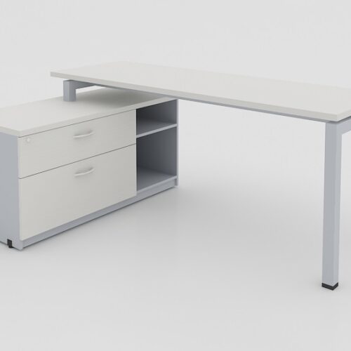 MODULO L CUBIERTA CAL. 28MM CON CREDENZAS SOPORTE DE 2 CAJONES 1 PAPELERO, 1 DE ARCHIVO Y LIBRERO ABIERTO, PATA METALICA TIPO U, DE 1.80X1.20X0.75 IZQUIERDO