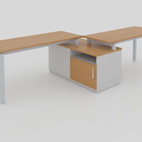 MODULO L DOBLE CON 2 CUBIERTAS RECTAS Y CREDENZA CON PUERTAS, PATA METALICA TIPO U, DE 3.00X1.20X0.75