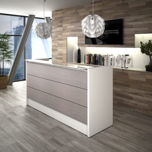 Recepcion 1.68 mts de frente, .64 de fondo, 1.10 de alto con cubierta principal de 160x60 cms en color blanco, top mostrador en cirstal satinado color blanco, vistas frontales en melamina alcene, nogal tenebre o olmo tundra, costados 38mm blanco" - muebles de oficina en veracruz y xalapa"