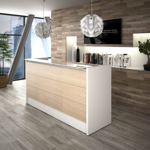 Recepcion 2.08 mts de frente, .64 de fondo, 1.10 de alto con cubierta principal de 200x60 cms en color blanco, top mostrador y vistas frontales en melamina alcene, nogal tenebre o olmo tundra, costados 38mm blanco" - muebles de oficina en veracruz y xalapa"