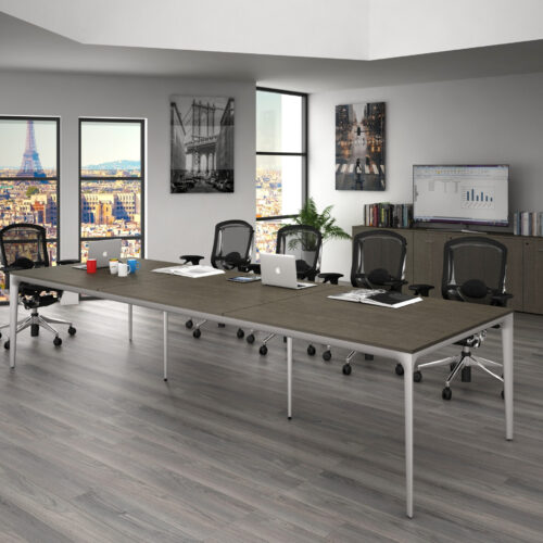 Mesa 3.60 x 1.20 estructura de aluminio en color GRIS, tres cubiertas 1.20x1.20 en tranche' fresno gris o olmo tafira " - muebles de oficina en veracruz y xalapa"
