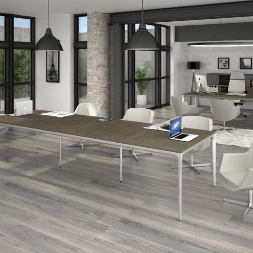 Mesa 3.60 x 1.20 estructura de aluminio en color GRIS, tres cubiertas 1.20x1.20 en tranche' fresno gris o olmo tafira " - muebles de oficina en veracruz y xalapa"