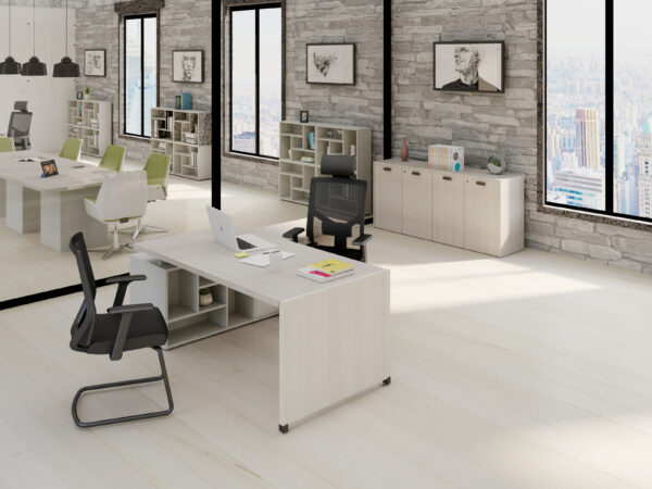 Conjunto de 2.01 x 2.10 con cubierta principal de 175x90 y costado en laminado tanche' olmo tafira, contenedores abiertos gris silicio, cedenza anexa en olmo tafira " - muebles de oficina en veracruz y xalapa"