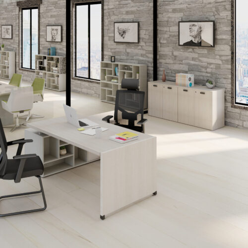 Conjunto de 2.01 x 2.10 con cubierta principal de 175x90 y costado en laminado tanche' olmo tafira, contenedores abiertos gris silicio, cedenza anexa en olmo tafira " - muebles de oficina en veracruz y xalapa"