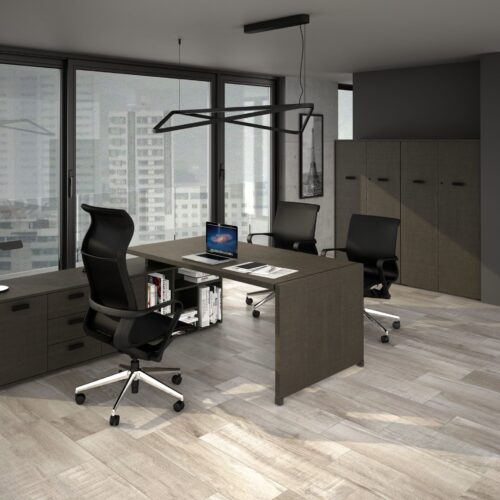 Conjunto de 2.01 x 2.10 con cubierta principal de 175x90 y costado en laminado tanche' fresno gris, contenedores abiertos gris quarzo, cedenza anexa en fresno gris " - muebles de oficina en veracruz y xalapa"